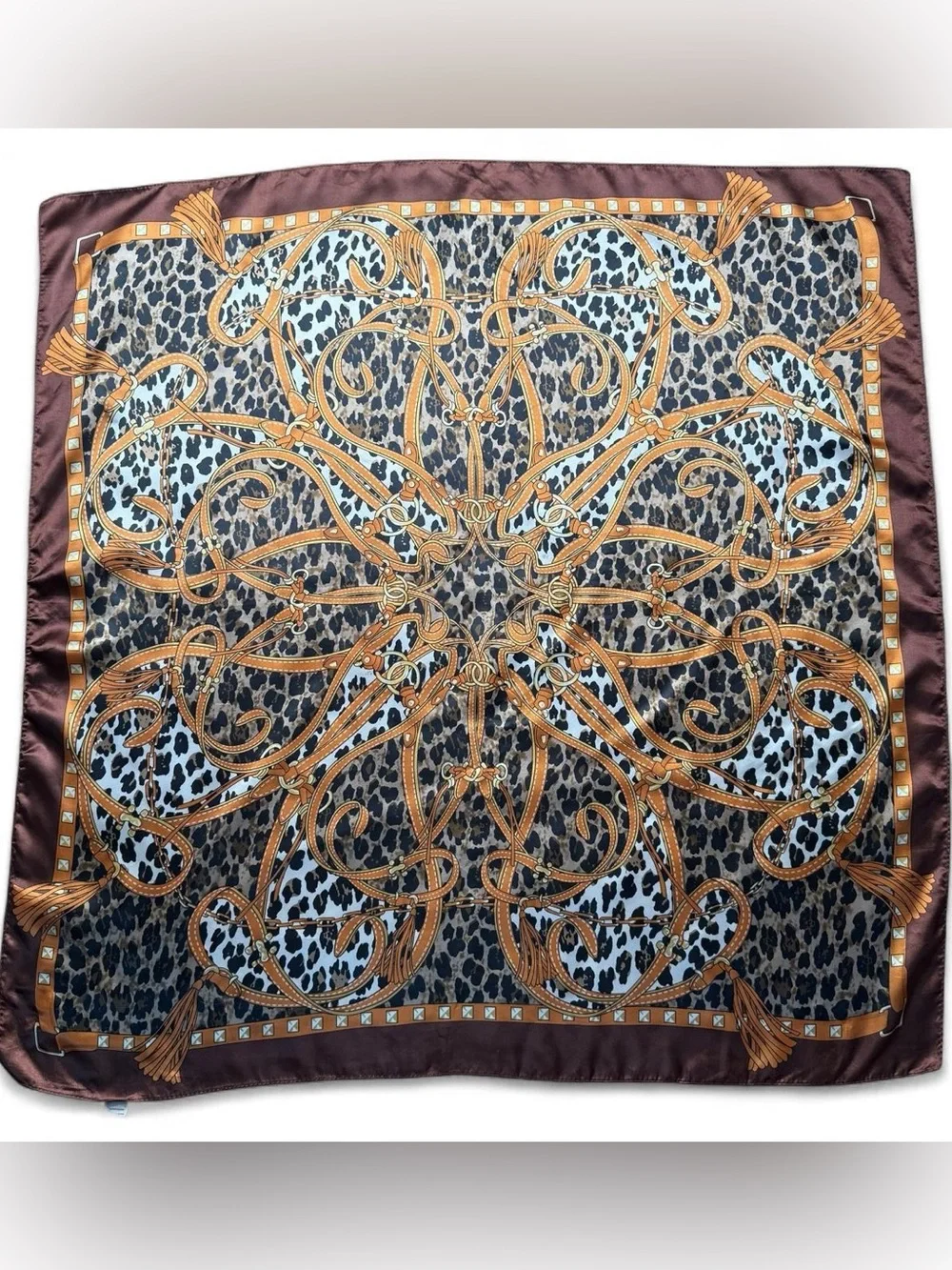Leopard Print Equestrian Baroque Belt Tassel Square Scarf 35x35